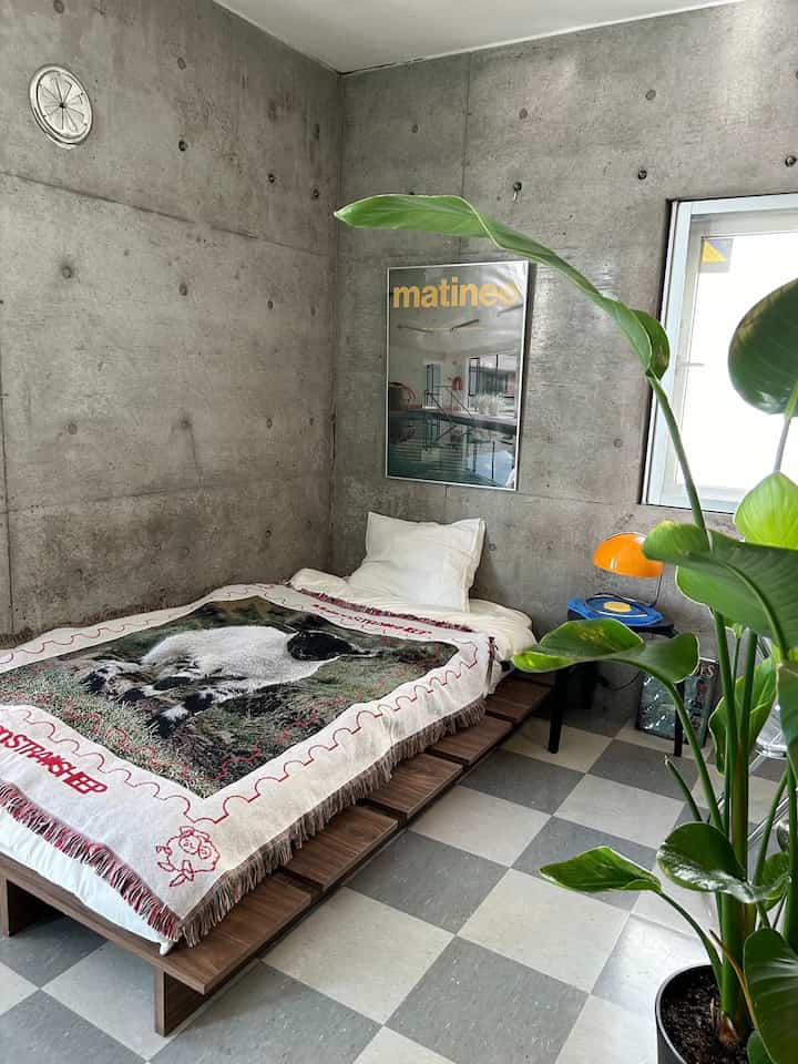 Modern mid-century modern bedroom with gray concrete walls and wood-tone bed frame, featuring green plants and a poster