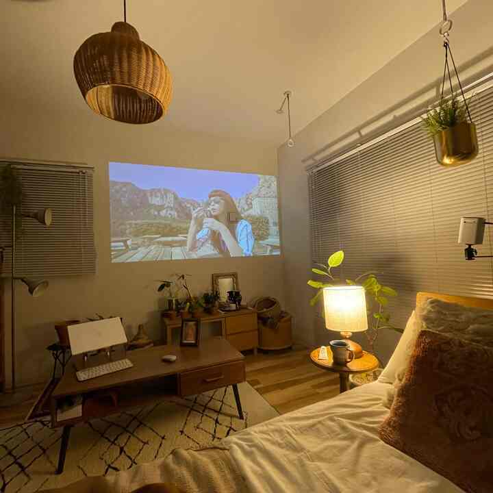 Warm wood tones and natural elements define a living room featuring a cozy home cinema projector on the wall