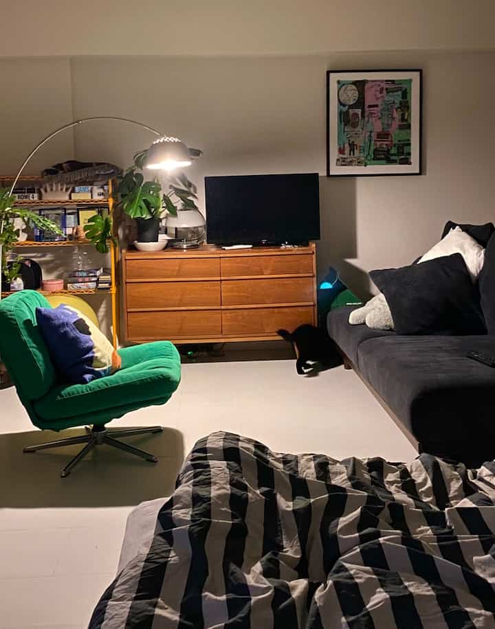 Art Deco living room with green armchair and dark gray sofa, featuring a poster and plants creating a modern atmosphere