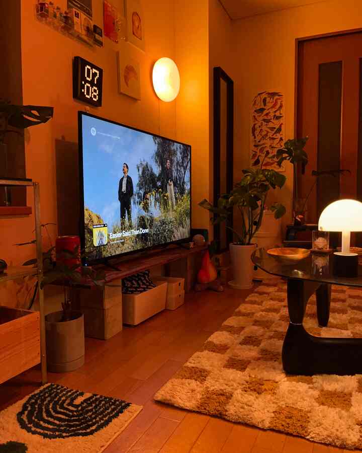 暖かいブラウンとブラックの色調のリビング、中央にテレビとラグ、テーブルランプと植物が配置された雰囲気の良い空間