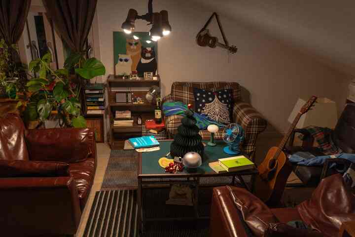 ウッドトーンとナチュラルカラーが調和したリビング、レザーのアームチェアと本棚、猫のポスターが配置された印象的な空間