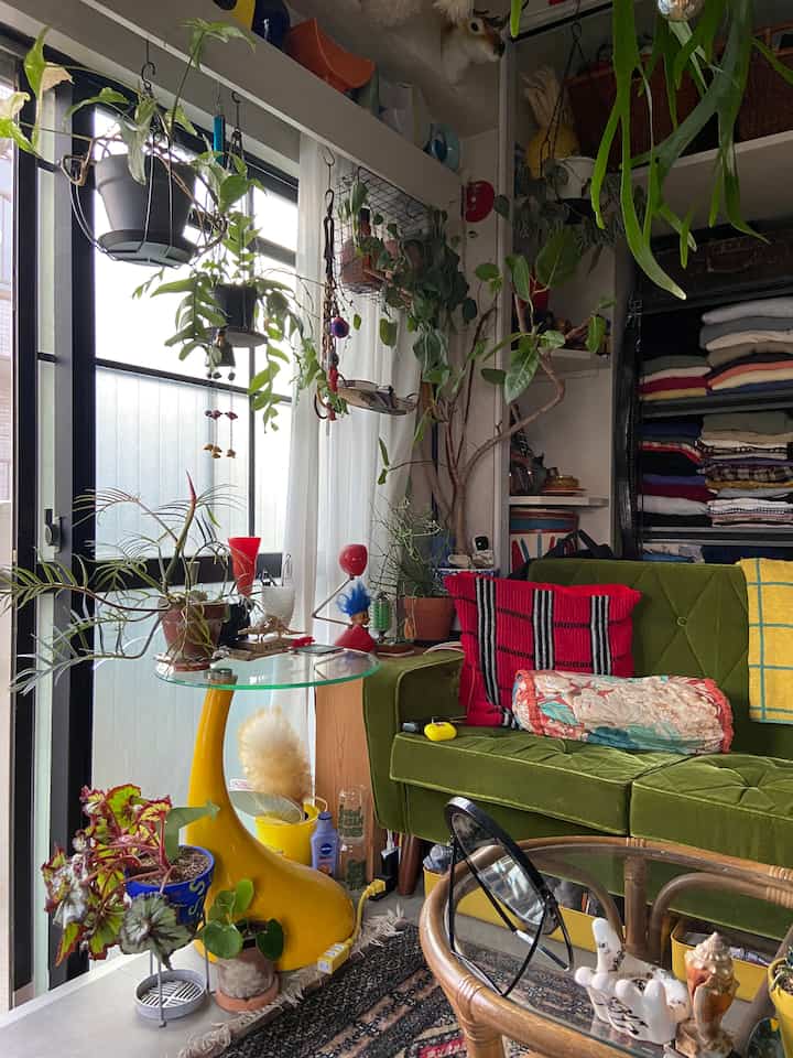 Mid-century modern living room with green sofa and abundant leafy plants creating a cozy atmosphere