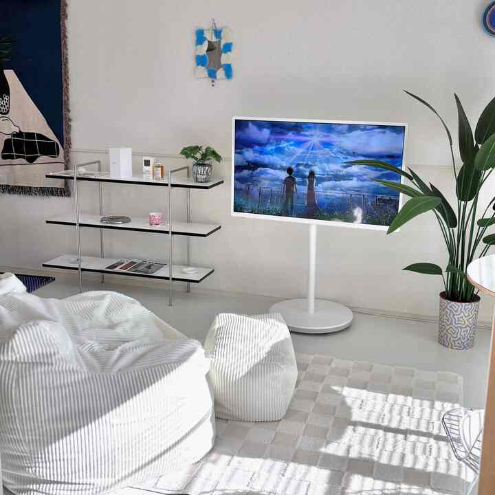 明るいホワイトトーンの1LDKリビング、ビーズクッションソファと大型テレビ、植物が配置されたシンプルモダンな雰囲気のインテリア