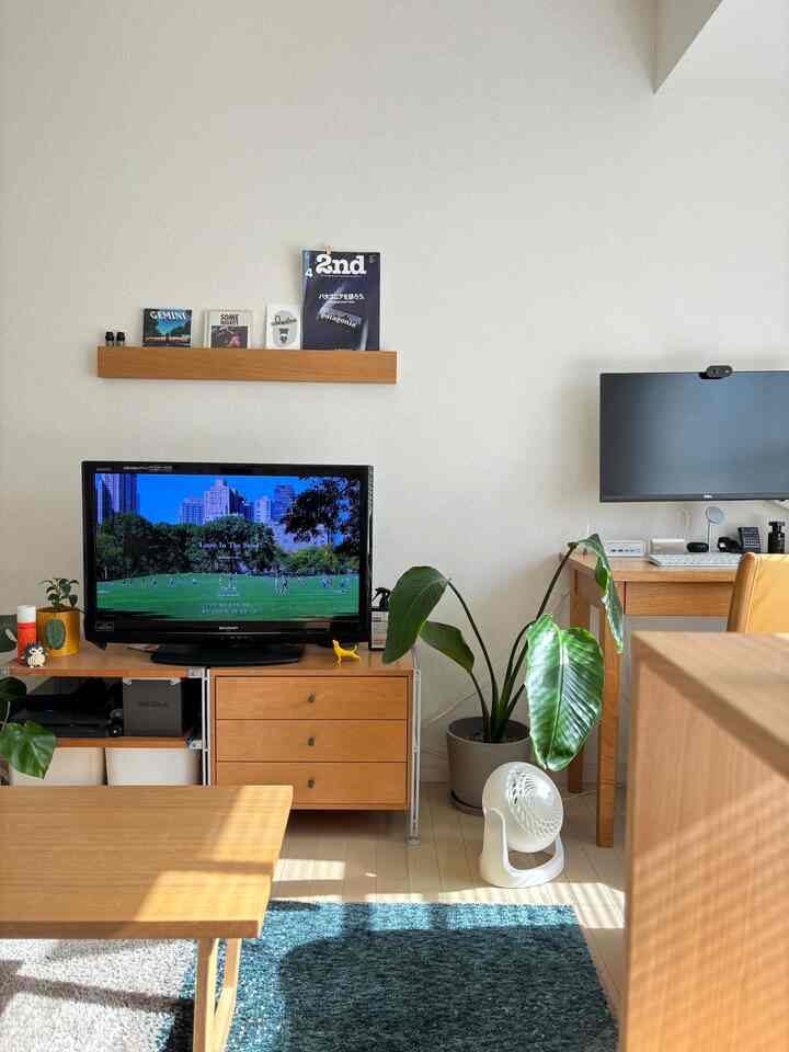 ナチュラルなトーンの1Kワンルームリビング、木製家具とブルーのラグが配置された清潔感のある居心地の良い空間