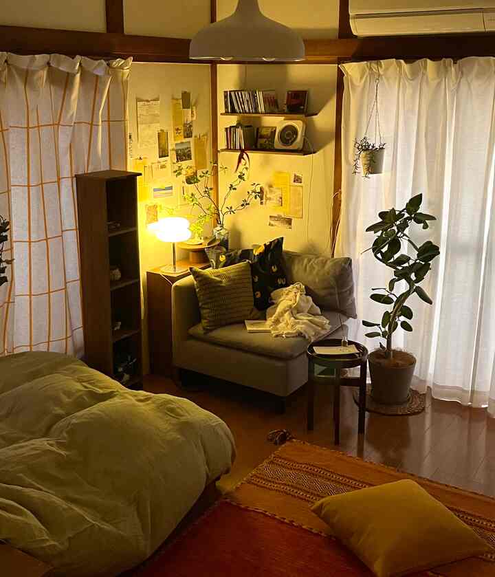 Natural modern living room in white and brown tones for a single household, featuring a bed, sofa, and rug creating a cozy atmosphere