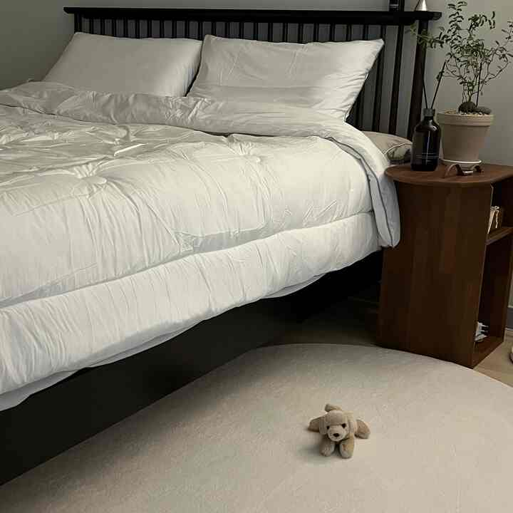 白と茶色のトーンの寝室、ミニマルなベッドと円形のラグが配置された温かみのあるインテリア