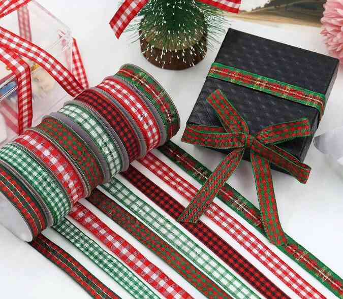 チェック柄リボン付きギフトボックス 1個［6色・2サイズ］