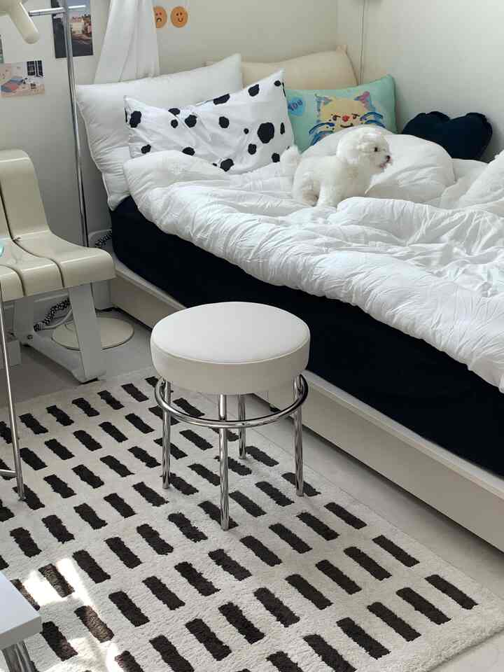 Compact bedroom in white and black tones featuring a patterned rug and round stool creating cozy atmosphere
