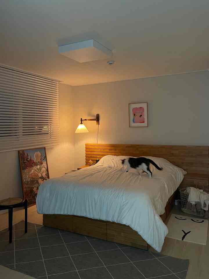 A white and wood-toned bedroom featuring a wooden bed frame and wall lighting creating a cozy atmosphere