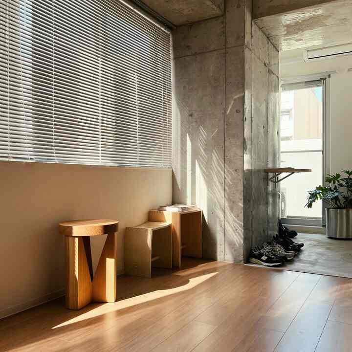 Wood tone natural living room featuring three stools and white blinds with bright, clean atmosphere