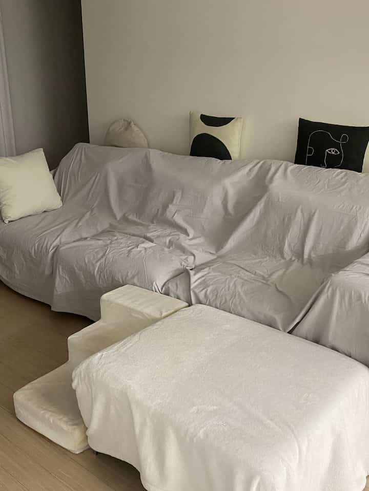 グレーのソファとベージュのペットステップが配置されたナチュラルな色調のリビング