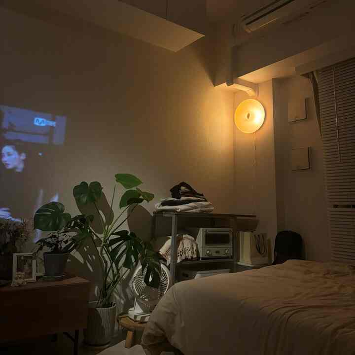 温かみのあるベージュ調の寝室、壁照明と大型モンステラが配置された居心地のよい一人暮らしの空間