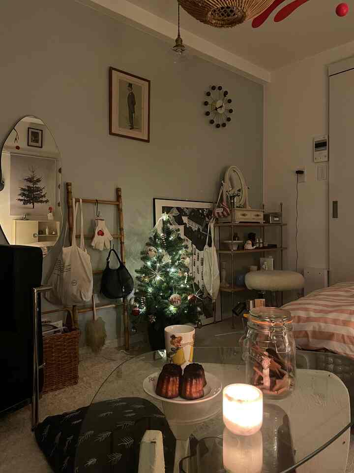 Natural-tone single household living room featuring a decorated Christmas tree, coffee table, and cozy atmosphere
