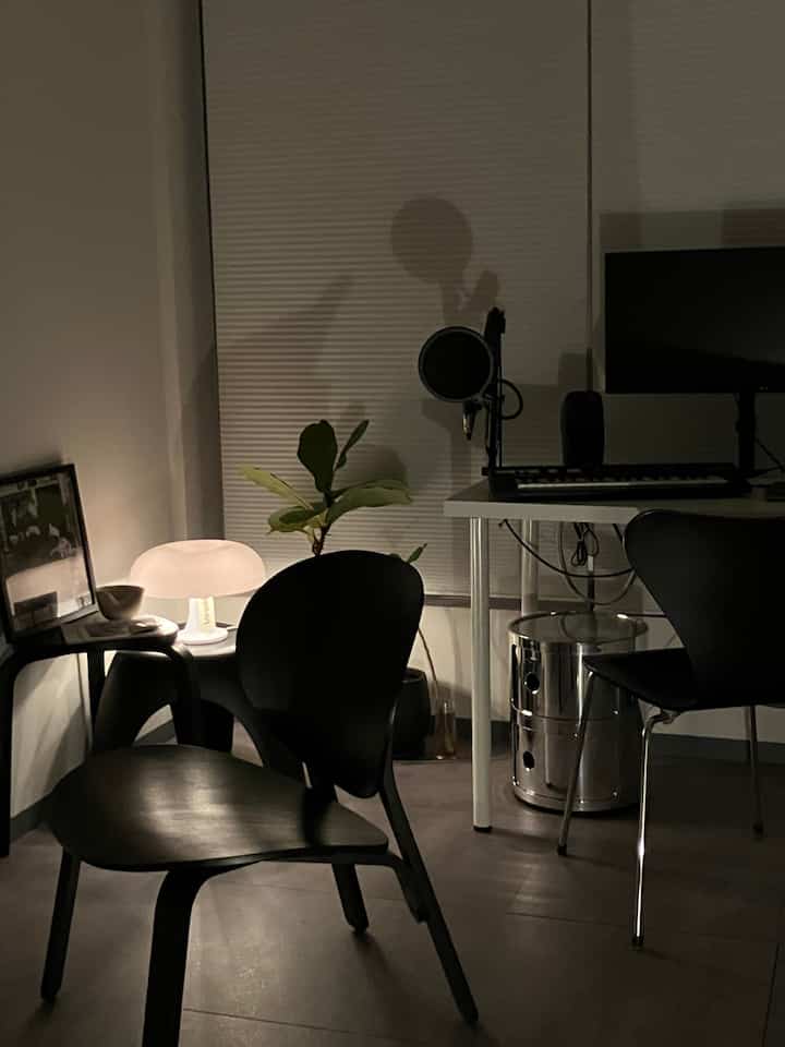 Dark silver and black toned living room and home office featuring computer monitor, lighting, and plant with a modern vibe