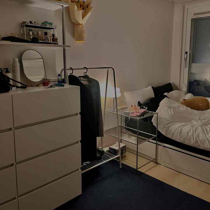 白を基調とした壁と家具、ネイビーのラグが配置された6坪のワンルーム、清潔感のあるモダンなインテリア