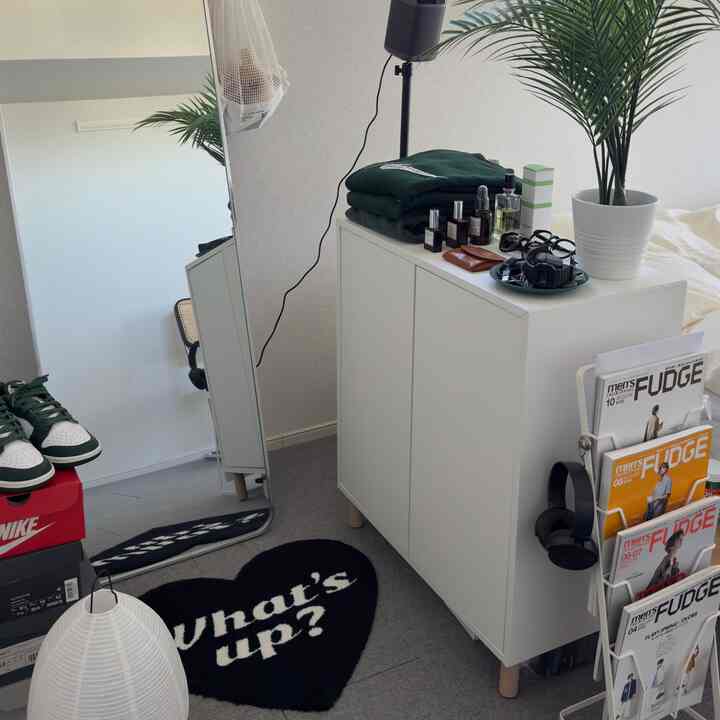 A small white-toned room featuring a minimal storage cabinet, large mirror, and green plant creating a clean atmosphere