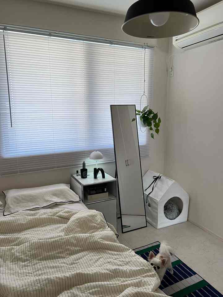 白を基調とした寝室、ストライプの寝具と全身鏡、ペットの犬とペットハウスが置かれたシンプルなインテリア