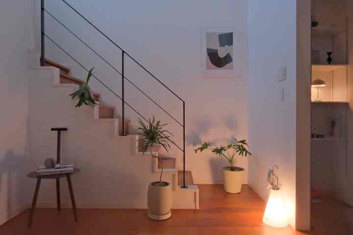 Nordic entrance with white walls and wood-tone floor, featuring an iron stair railing and green plants in a minimalist modern setting