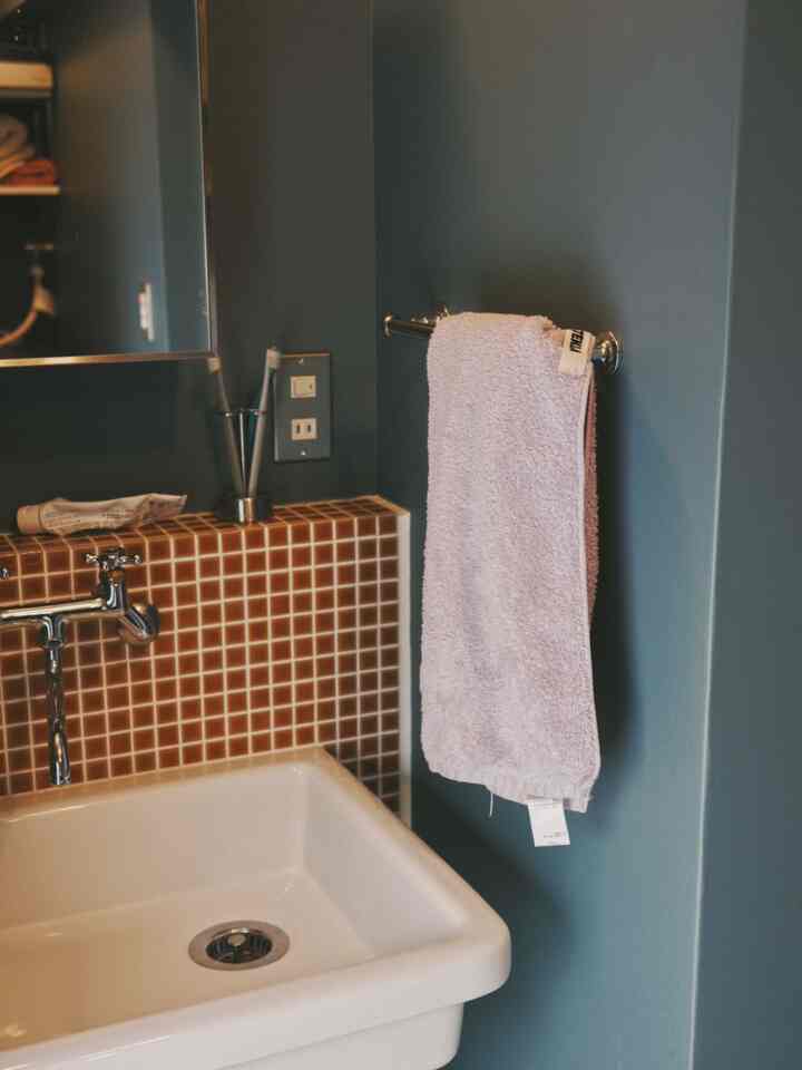 Our bathroom is so cute 💙🧡
I love the orange tiles so much that I get happy every time I see them

I wanted the wall color to look like a hotel, so I chose a blue-gray color!
The purple Tekla I received looks great on it, doesn't it... (I'm just praising myself)
#Renovation #リノベマンション #洗面所インテリア #洗面所 #ダルトン #DULTON #TEKLA