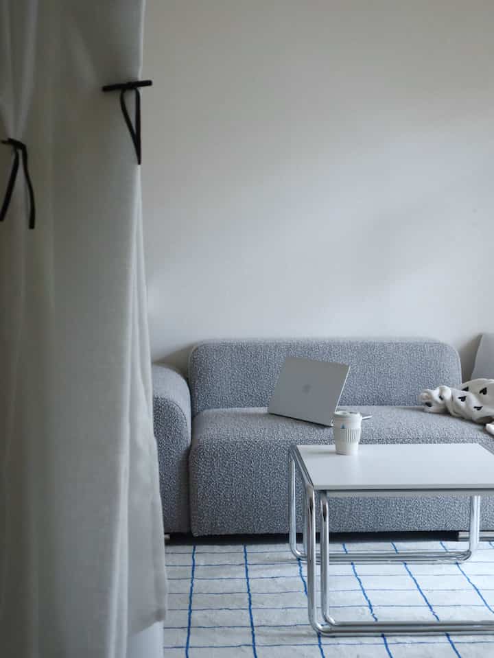 Gray and white toned living room featuring a gray sofa and coffee table in a simple monotone interior