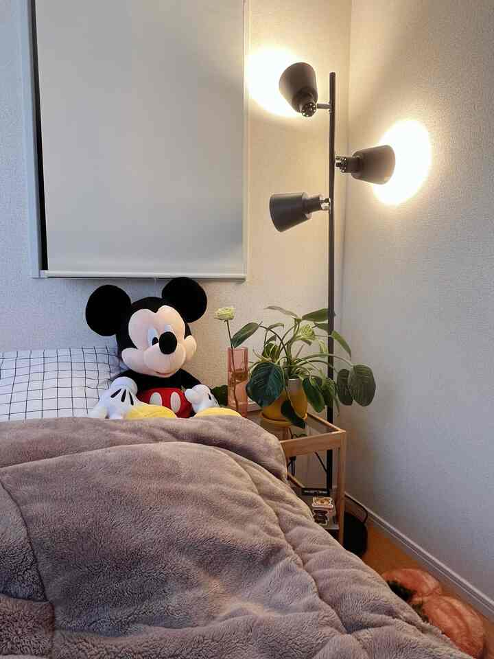 Beige-toned bedroom featuring a Mickey plush and floor lamp with cozy ambiance