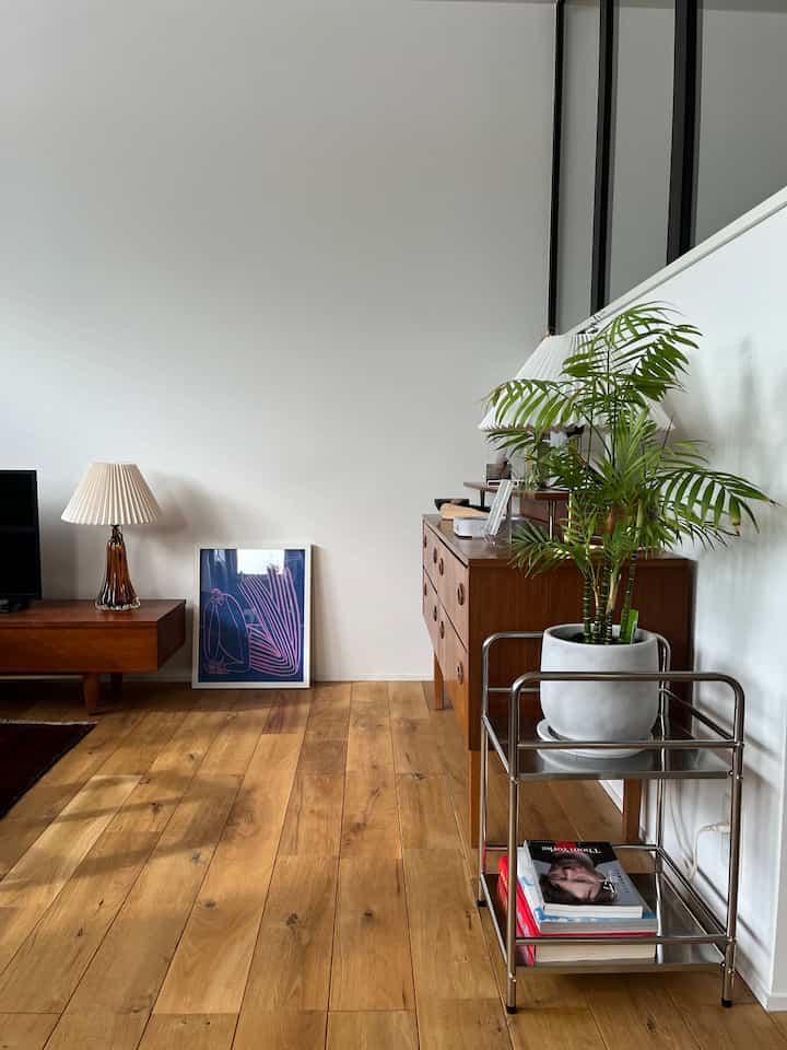 Natural color living room featuring mid-century modern sideboard, green plant, and table lamps creating a cozy atmosphere