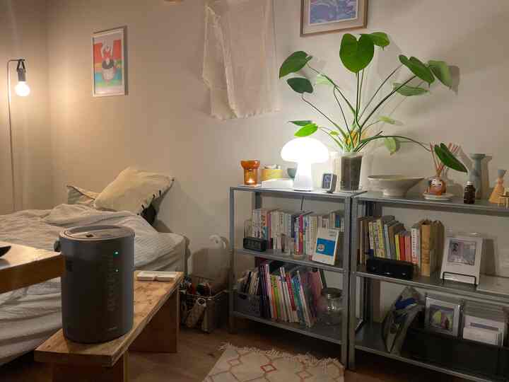 白とナチュラルカラーの1K寝室、ベッドや棚、加湿器、植物が配置された温かみのあるインテリア