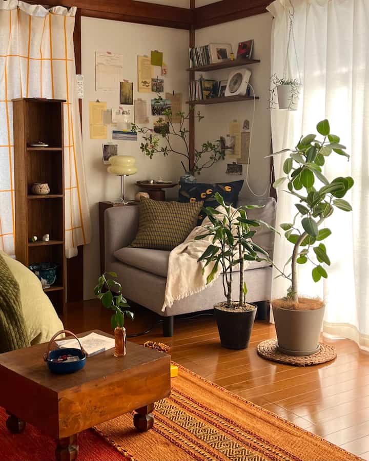 Natural-tone living room corner featuring a gray sofa, wooden coffee table, various potted plants, and bright curtains creating a warm atmosphere
