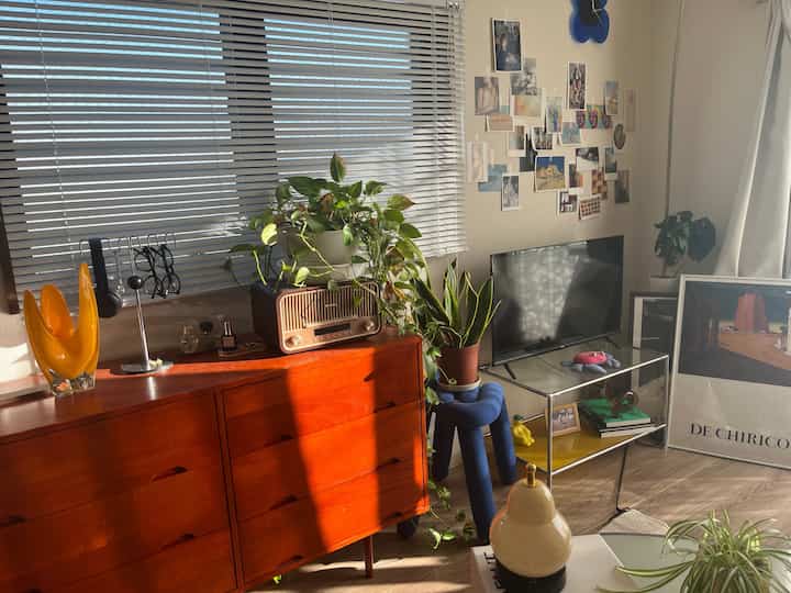 Warm wood tones and green plants in an 8-tatami studio room, featuring art posters on the wall and a vintage radio, creating a cozy atmosphere