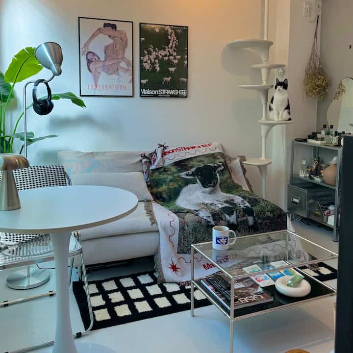 A white and black toned living room featuring a sofa with an animal print blanket and a cat tower with a cat on the right, creating a cozy ambiance