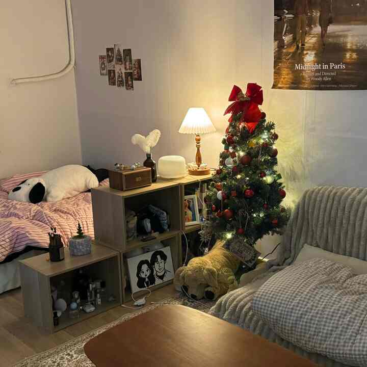 Studio apartment with pink bedding and wood-tone furniture, featuring a Christmas tree and cozy sofa creating a warm atmosphere