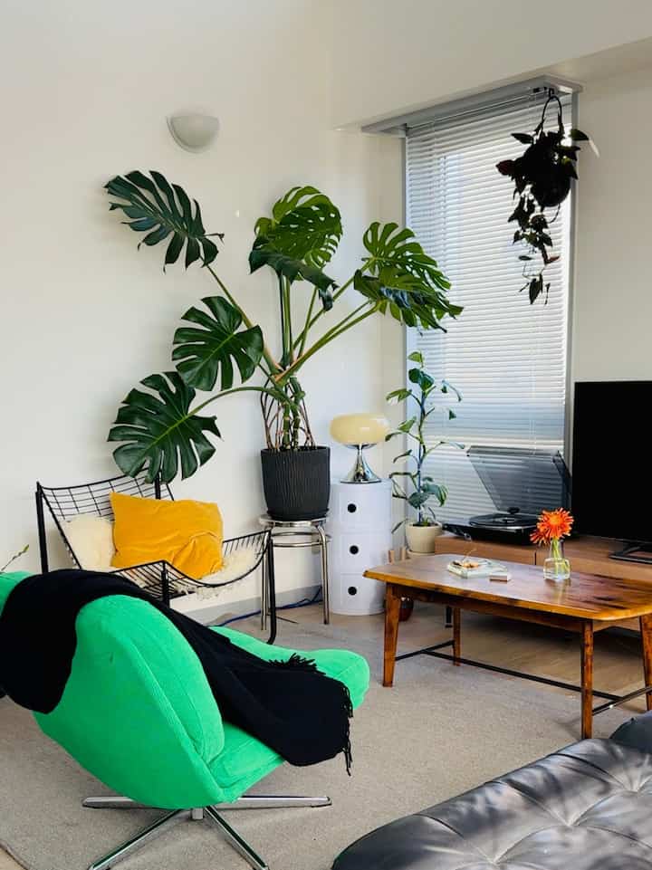 ホワイトの壁と木目調の家具が調和したモダンなリビング、大きな観葉植物とグリーンのアームチェアが印象的な空間