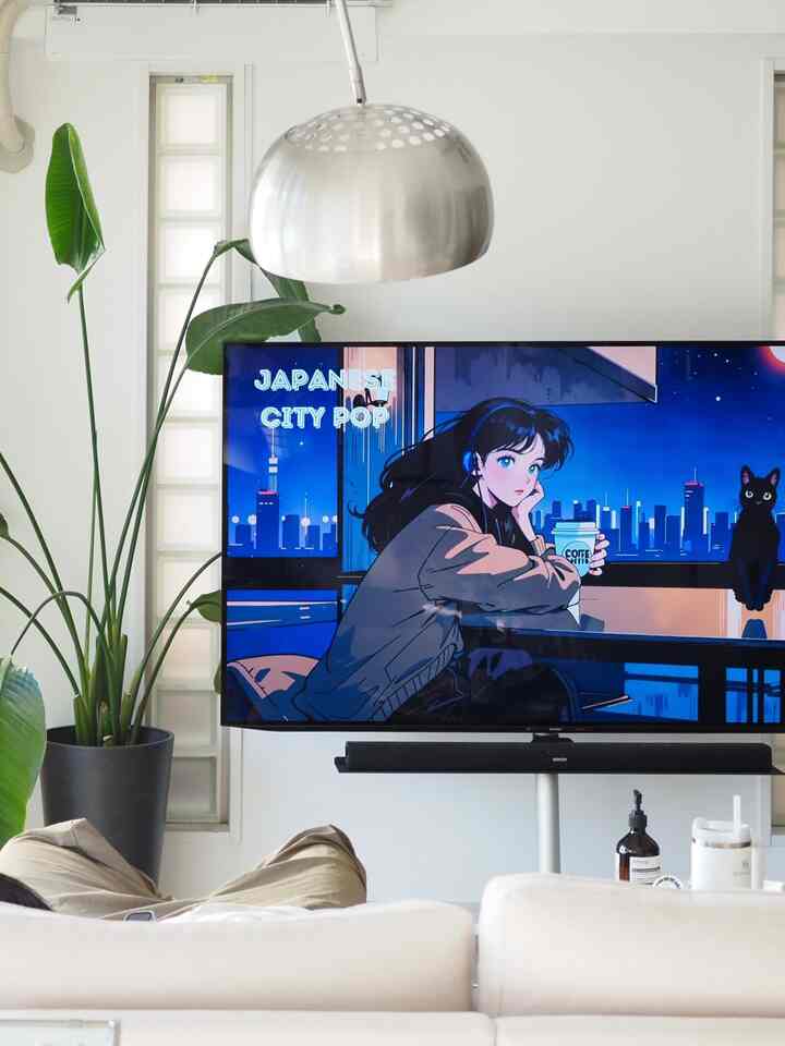 白い壁とソファが配置されたミッドセンチュリーモダンのリビング、中央に金属製フロアランプとテレビ台がある雰囲気のあるインテリア