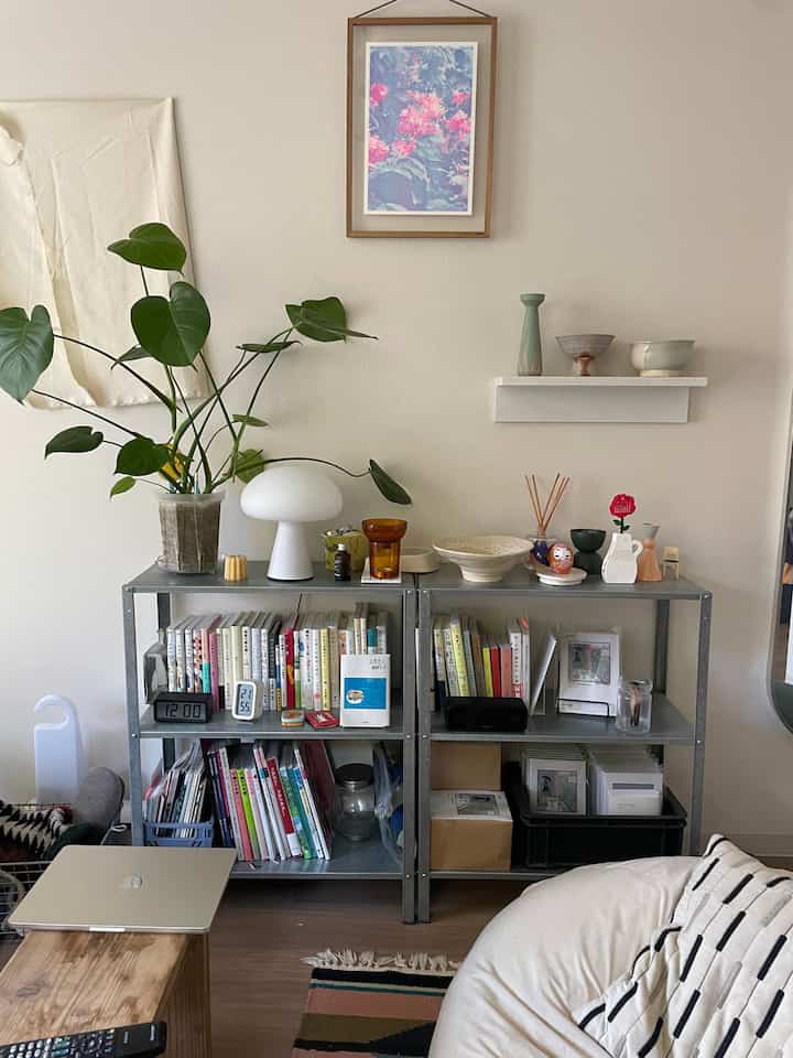 Natural tones and white-walled single household living space featuring metal shelves, diverse decor, and a green plant creating a cozy atmosphere