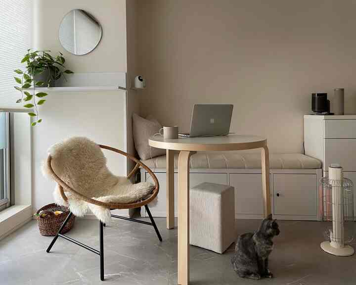 Natural tone living room featuring round table, stool, and a cat in a cozy home office space