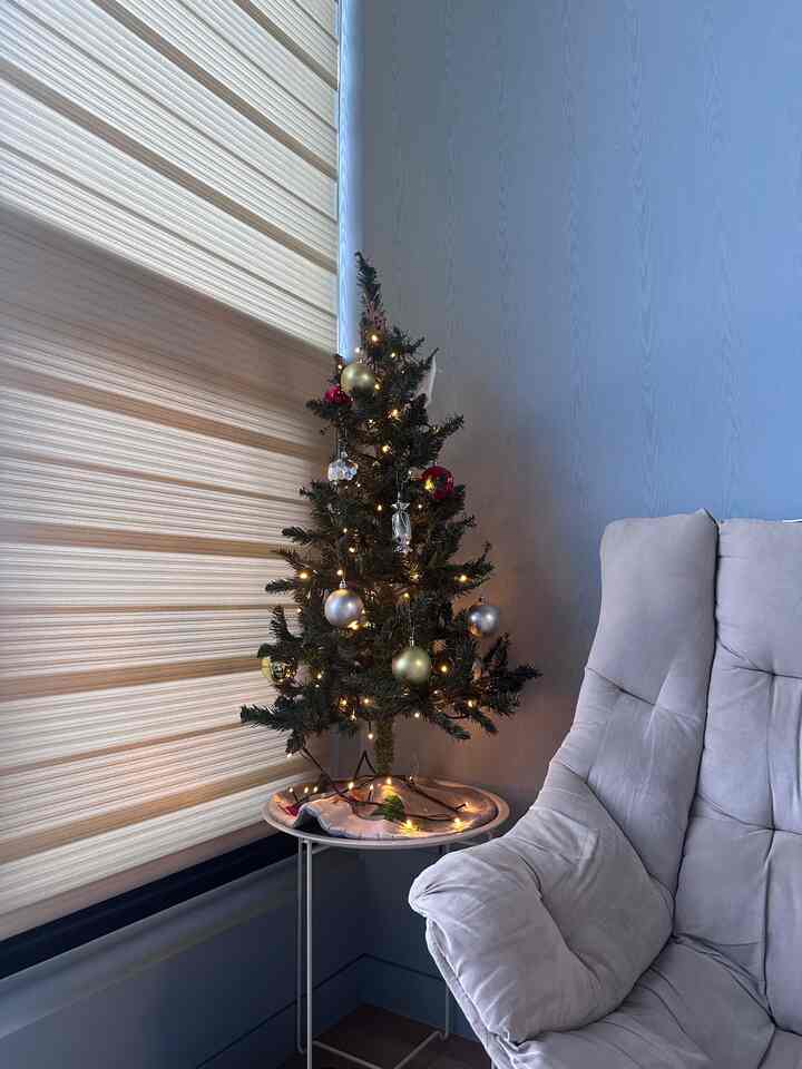 ベージュのブラインドとグレーのソファがある4.5畳の部屋のコーナーに飾られたミニクリスマスツリーのある雰囲気の良い空間