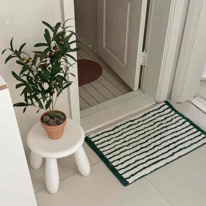 Beige-toned entrance space with a white stool holding an olive artificial plant and a green-striped rug creating a neat interior