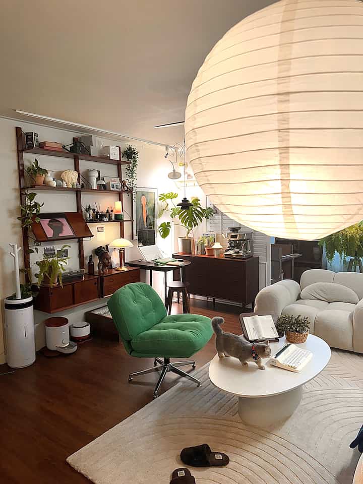 A white and brown toned living room featuring vintage furniture, a green stool, and a cat on the coffee table in a cozy setting