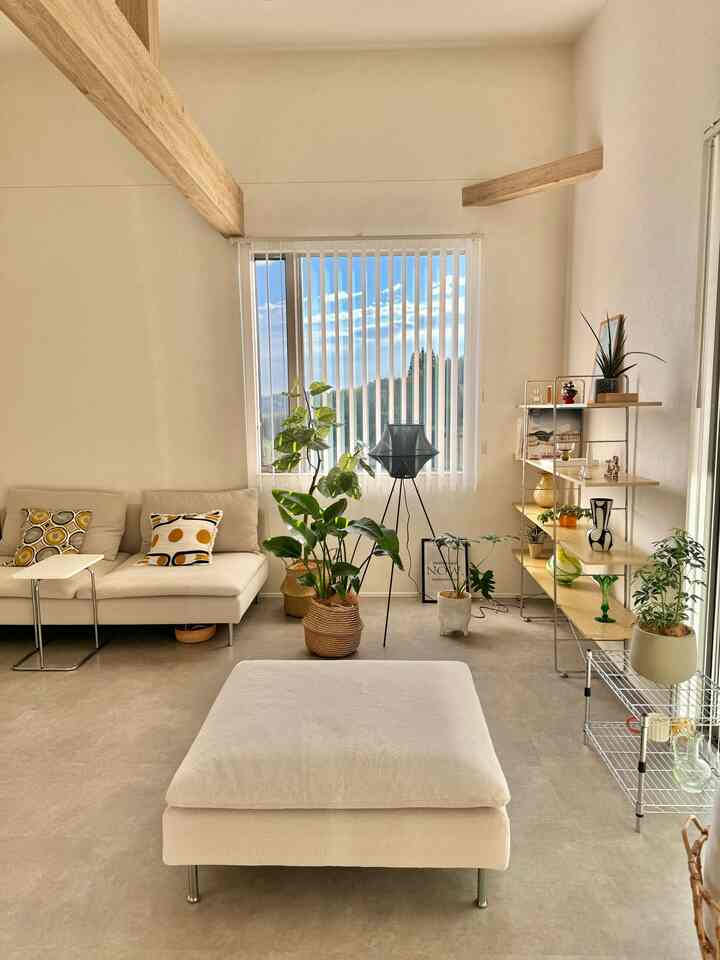 白とナチュラルカラーのリビング、ベージュのソファと大きなスツール、様々な植物が配置された雰囲気のある空間