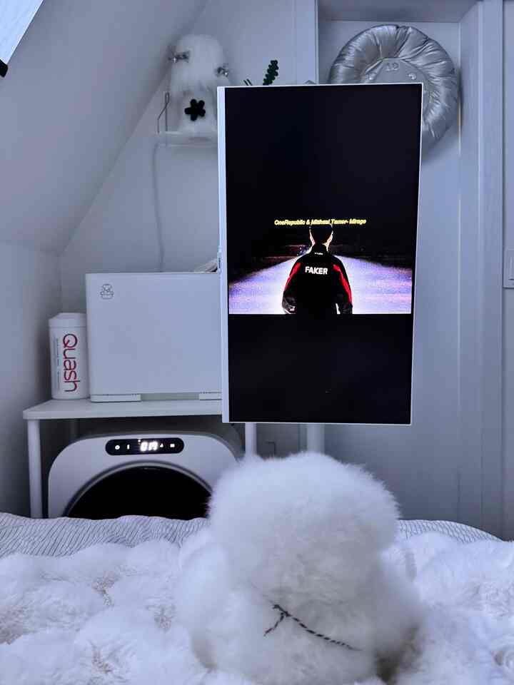 白を基調とした寝室、中央上部にスマートモニター、ベッドの中央に白いプードルがいる清潔なインテリア