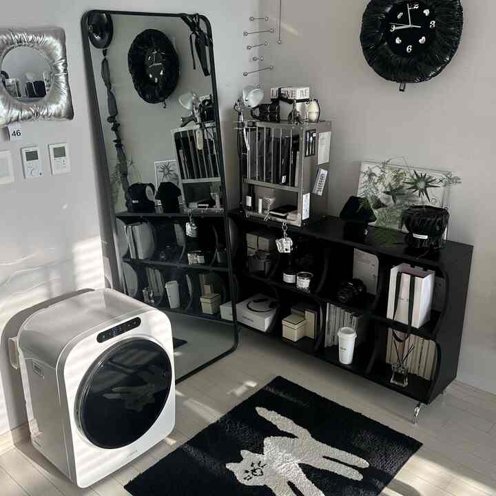 黒と白のトーンのワンルーム、黒い棚と時計、猫柄のラグ、洗濯機と植物が調和したモダンなインテリア