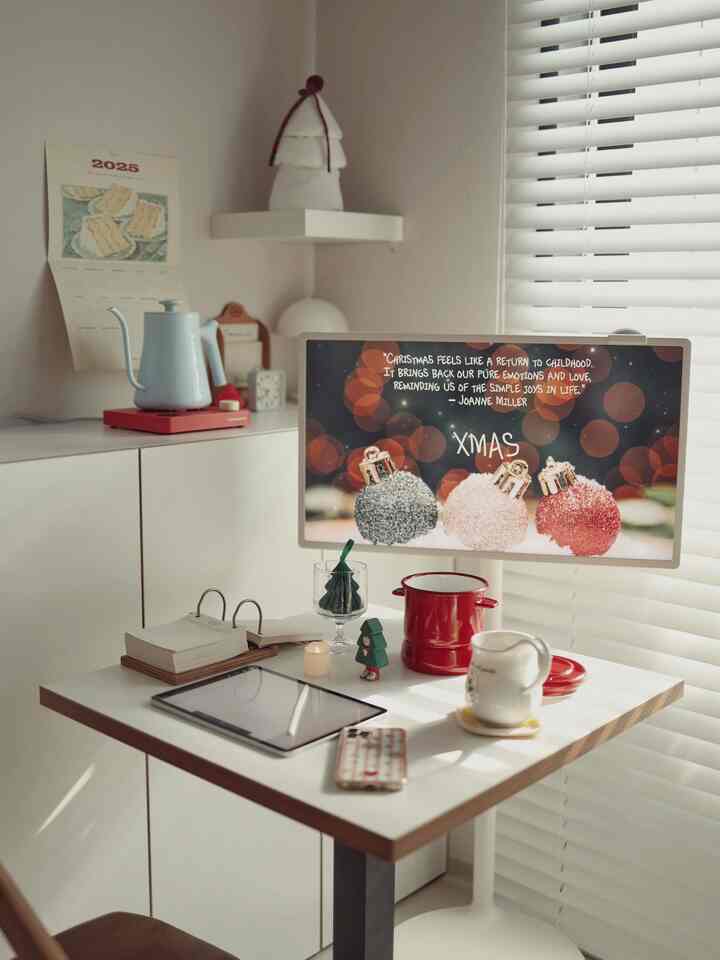 White and red toned small room interior featuring a home cafe zone with Christmas decorations and cozy atmosphere