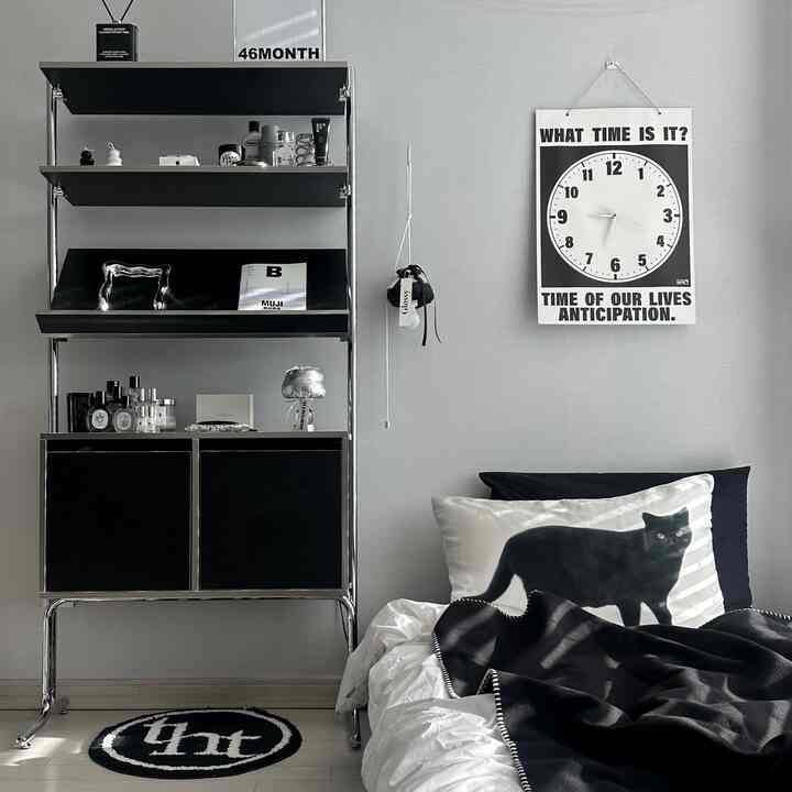 黒と白のトーンでまとめられた寝室、黒猫のクッションカバーとモダンな棚が配置された雰囲気のあるインテリア