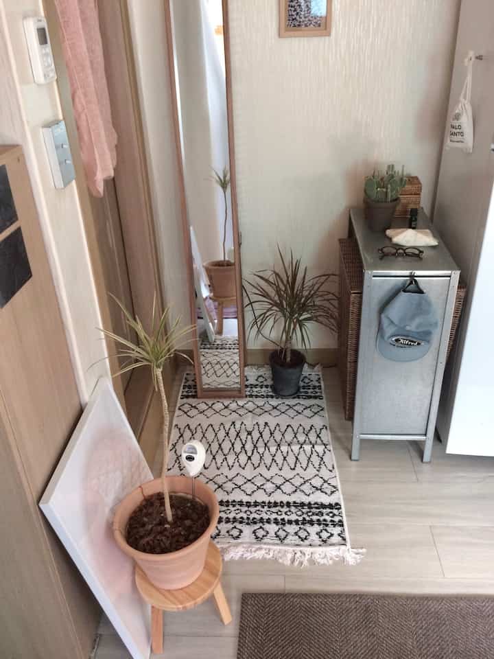 グレーと木目調のトーンが調和したワンルームの玄関、植物と全身鏡、コーナー収納が配置された雰囲気のある空間