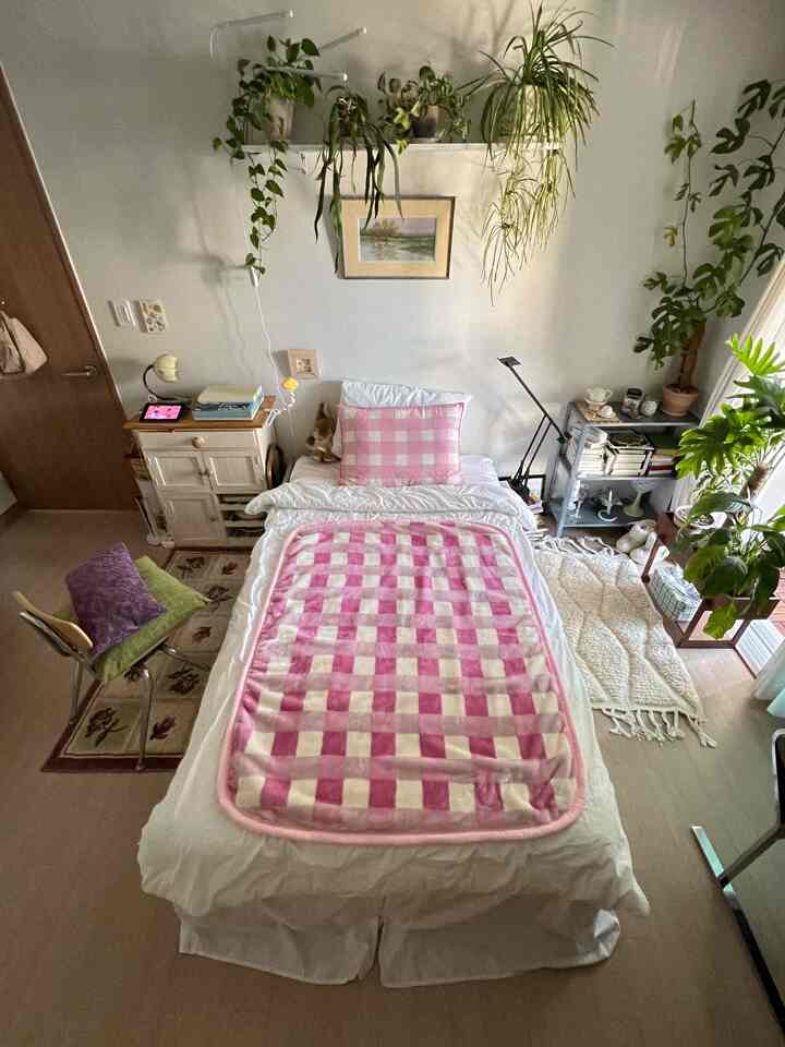 ピンクとホワイトのトーンの寝室、チェック柄のマイクロファイバー毛布と多様な植物が配置された雰囲気のある空間
