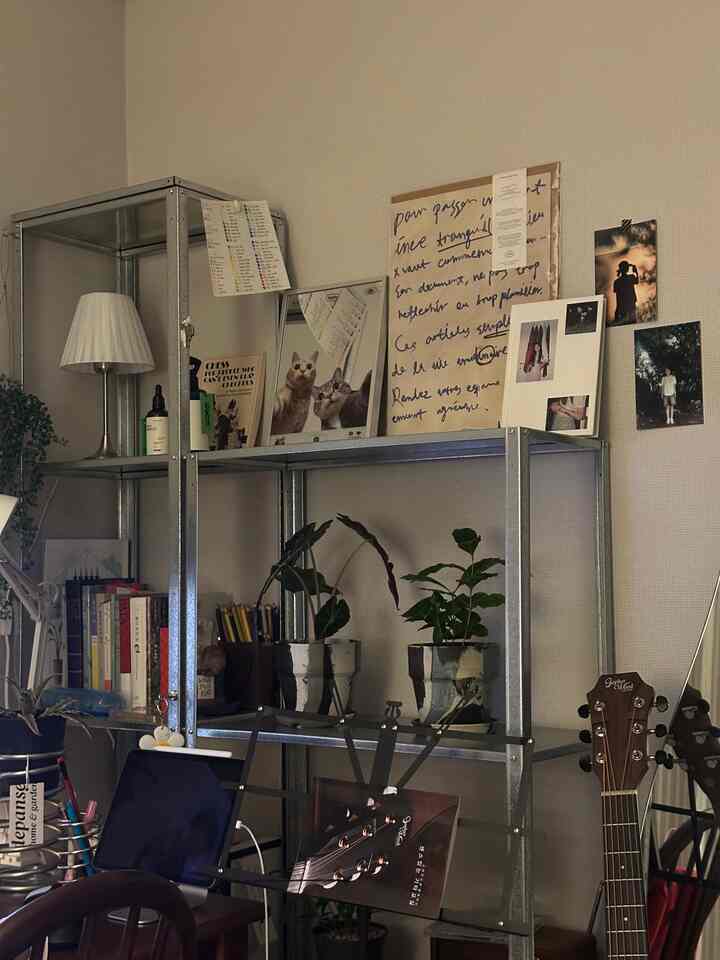 シルバー調のリビング、メタルシェルフに植物とポスターを配置し、ギターとテーブルランプで温かみのある雰囲気のあるインテリア