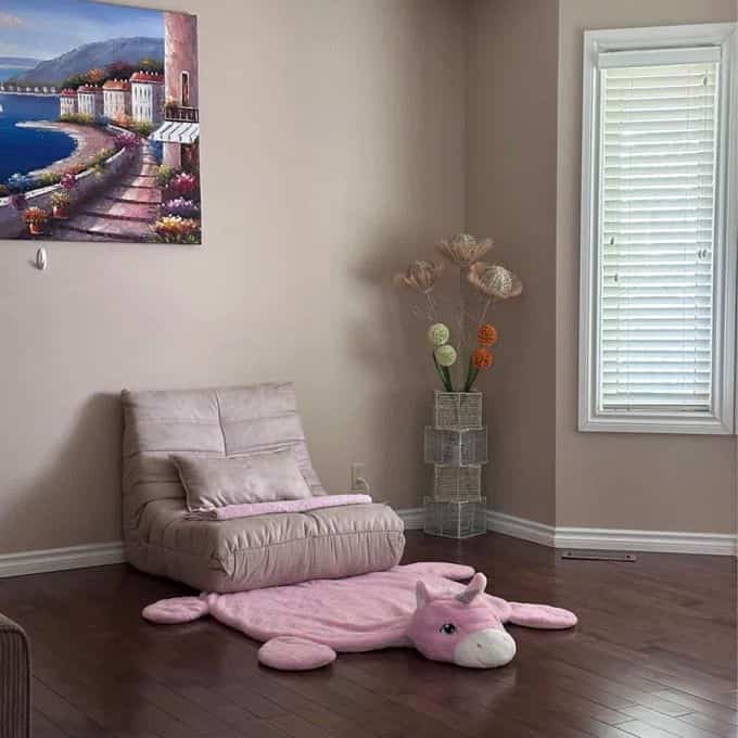 Minimal living room home cinema with pink unicorn rug and floor chair on brown hardwood floor