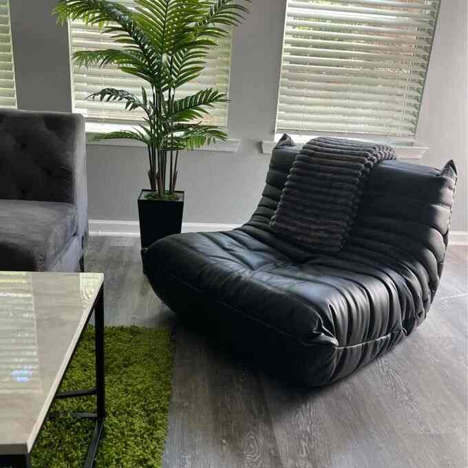 Modern living room featuring a green plant and a black microfiber leather bean bag chair with natural and sleek tones