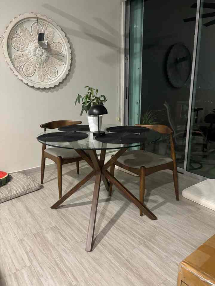 Elegant vibes in my dining space with these stunning dark wooden table sets! 🍽️✨ The perfect backdrop for memorable meals and gatherings. #DiningElegance #HomeDecor #StyleGoals #Hermanmillerdupes #GlassTable #MidCenturyModern #DiningChairs #GlassTable #MidCenturyModern #DiningChairs