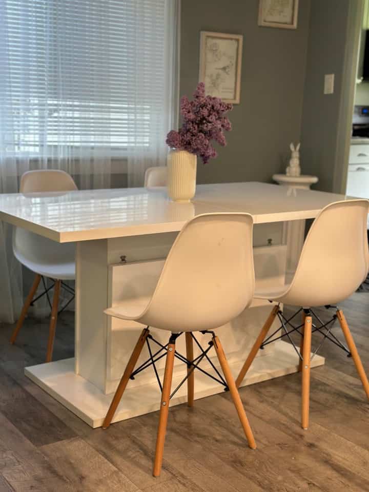 Love how the white chair complements my dining table! Stylish and cozy vibes ✨🍽️ #HomeDecor #DiningRoomGoals #DiningTable #EamesChairs #ModernDecor